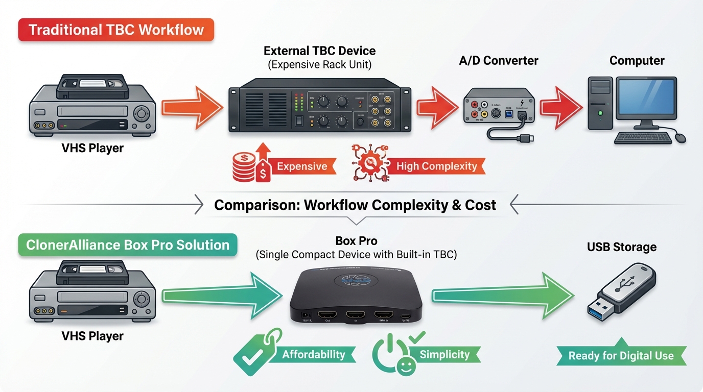 Traditional TBC workflow vs ClonerAlliance Box Pro integrated solution