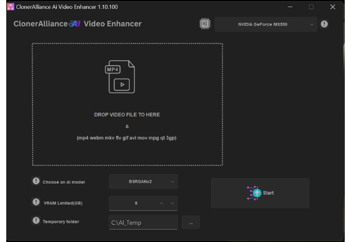 ClonerAlliance AI Video Enhancer main interface