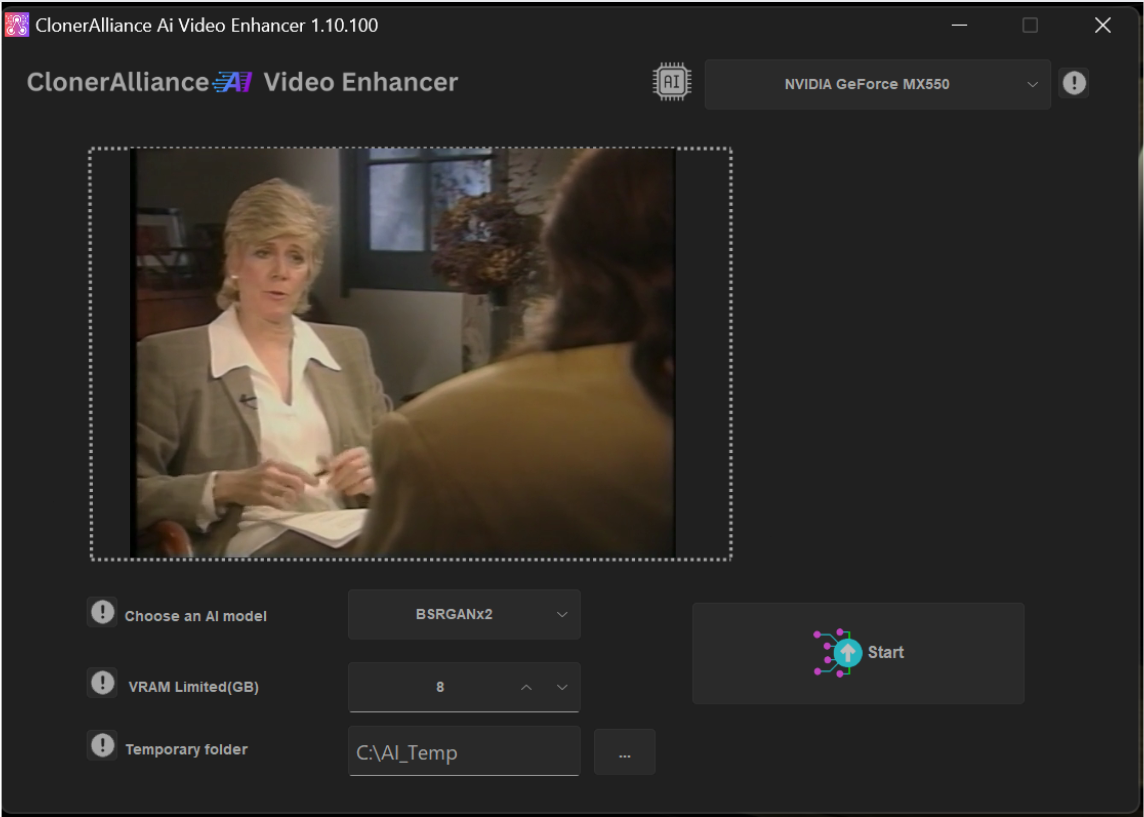 ClonerAlliance AI Video Enhancer main interface
