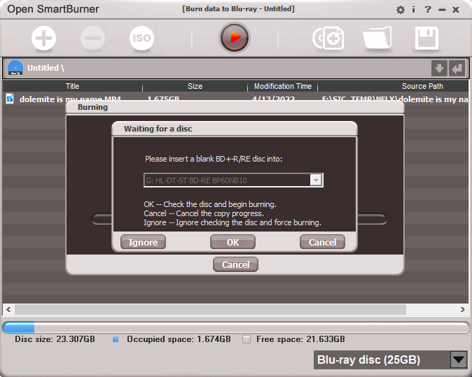 Open SmartBurner insert blank disk